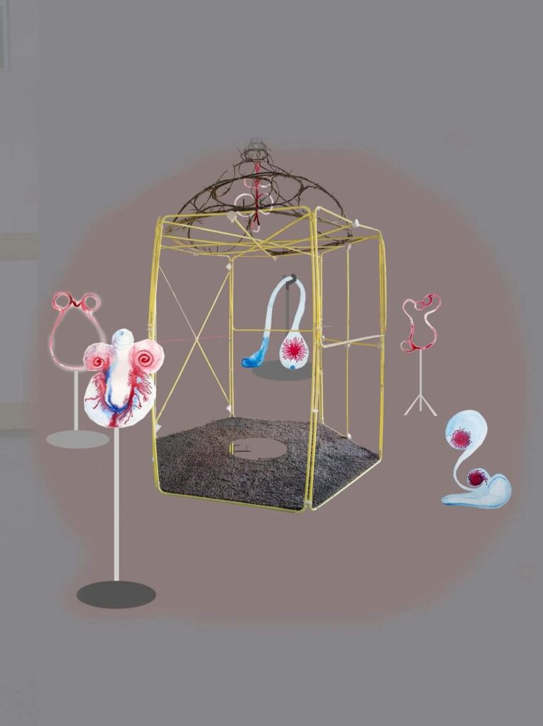 Digitaal samengesteld beeld van kunstinstallatie family Fountain als schets van de verschillende elementen 