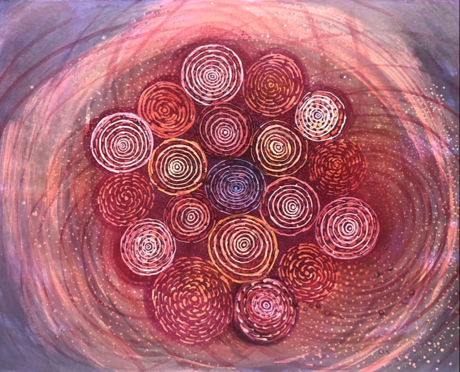 Intuïtief inktschilderij in roze en paars met cirkels en kosmische sfeer, te koop in de webshop